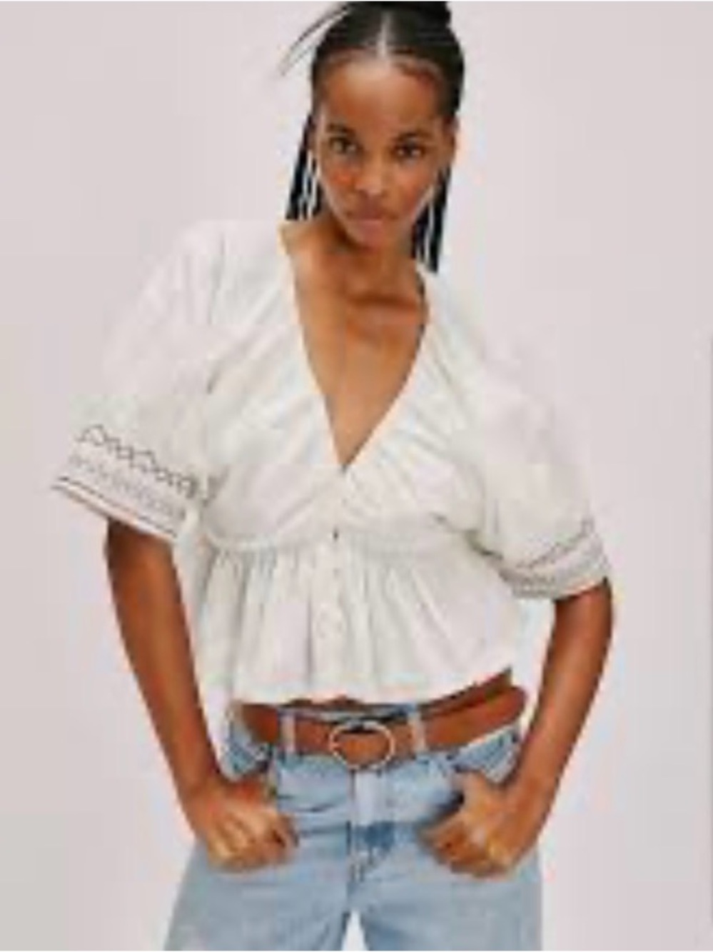 Free People  Where We Meet Peplum Puff-Sleeve Blouse with Embroidered Cuffs